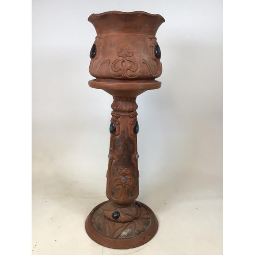 50 - Large terracotta Bretby jardiniere and stand. AF, some losses. Planter 30cm diameter.W:38cm x D:38... 