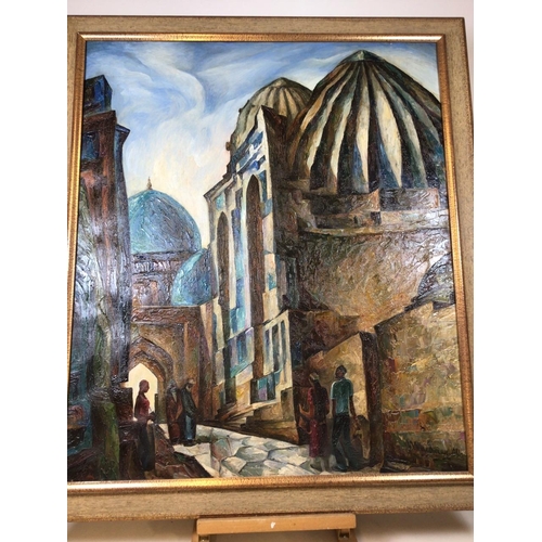 6 - A Russian oil on canvas of a street scene with churches. See photos for Artist - signed reverse top ... 