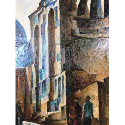 6 - A Russian oil on canvas of a street scene with churches. See photos for Artist - signed reverse top ... 
