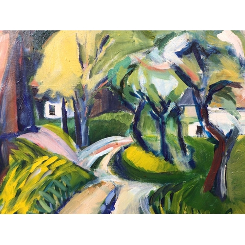 8 - An abstract oil on canvas of a rural scene signed lower right Suzy. Indistinct signature on back - ... 