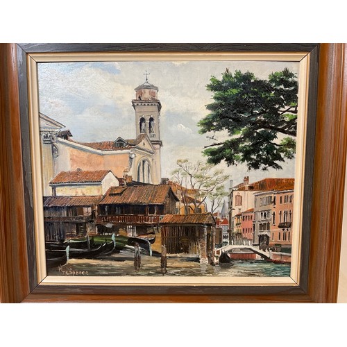 8A - T.E.Spence (British. Flourished 1965) Oil on board entitled a boat yard in Venice. Dated 1965. Signe... 