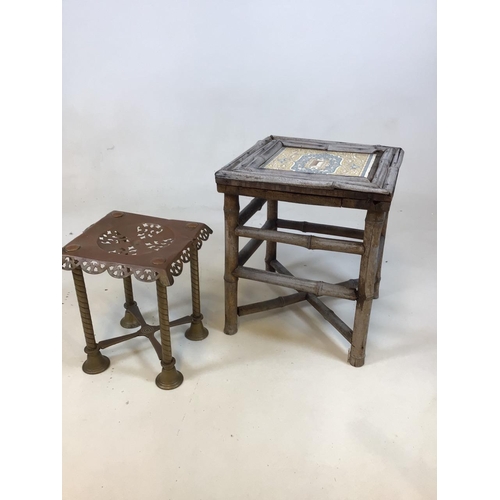 A small bamboo table with tile top. a/F also with a copper trivet W