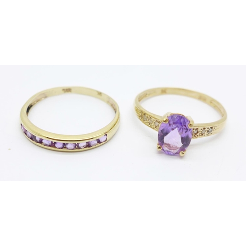 1060 - A 9ct gold, amethyst and diamond ring and a 9ct gold and amethyst ring, 2.2g, O