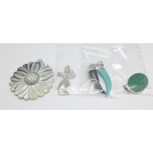 1077 - Four silver pendants including malachite set and a mother of pearl pendant