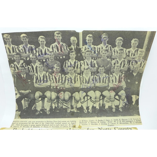 646 - A Notts County autographed team newspaper clipping with new manager Tommy Lawton and a 1960-61 autog... 