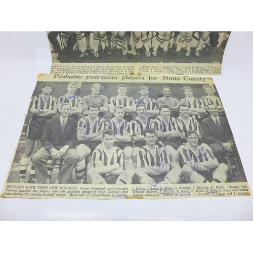 646 - A Notts County autographed team newspaper clipping with new manager Tommy Lawton and a 1960-61 autog... 