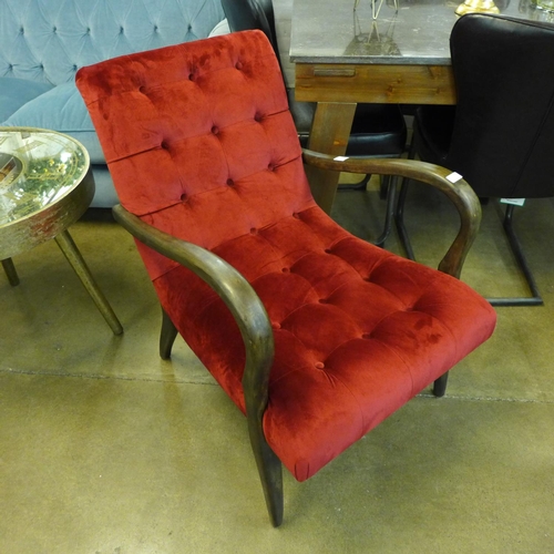 1848 - A red velvet upholstered Brandon armchair