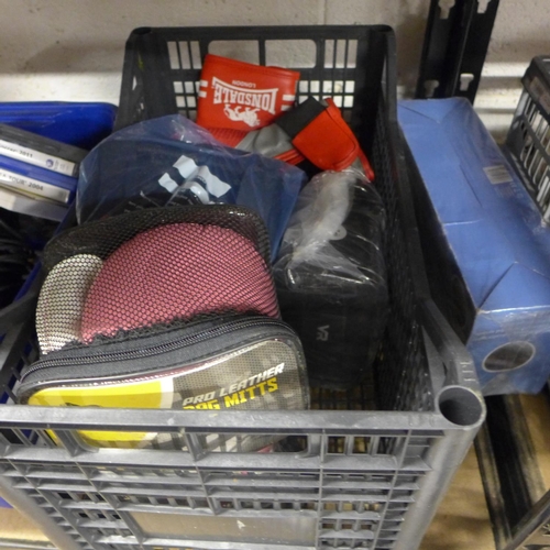 2128 - 2 Pairs of boxing gloves (Lonsdale), pads, pair of speakers, A4 laminator, etc.