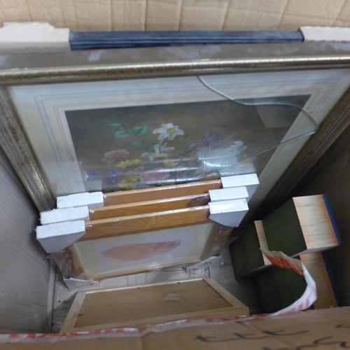 2401 - Box of misc. framed prints, frames, etc.