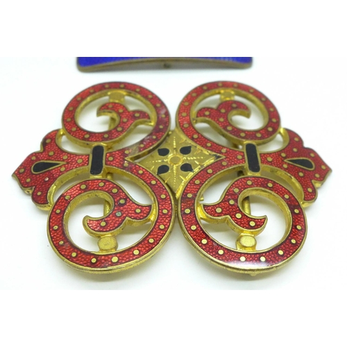 1003 - Three Edwardian enamel buckles and a dress clip