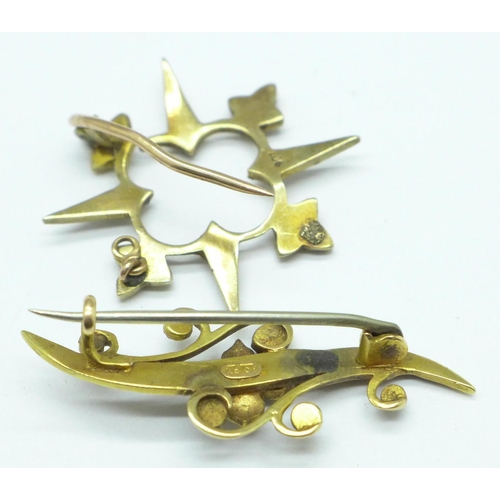 1046 - A 15ct gold and pearl brooch, 2.9g, and a 9ct gold brooch lacking hook, 2.8g