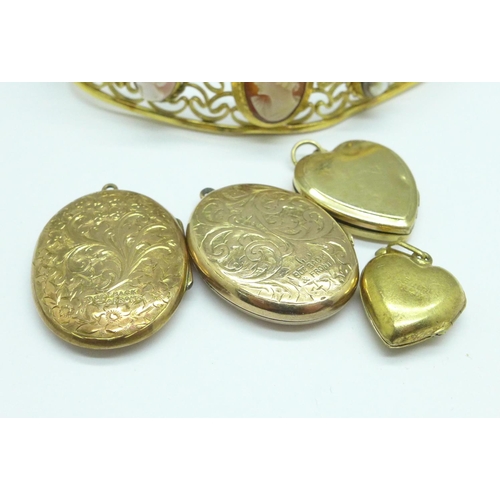 1054 - Three 9ct gold back and front lockets, a silver gilt locket and a cameo set bangle