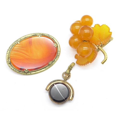 1081 - An amber brooch, a fob, etc.