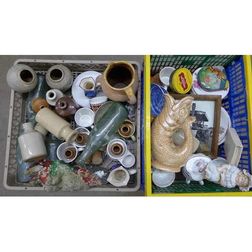 1119 - Two boxes of mixed glass, china, stoneware bottles, glass bottles, etc. **PLEASE NOTE THIS LOT IS NO... 