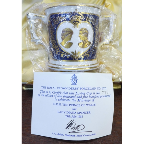 674 - Eight Royal Crown Derby commemorative loving cups, boxed