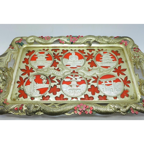 685 - Six oriental tea glass holders on a tray, decorated with dragons and blossom, one glass a/f