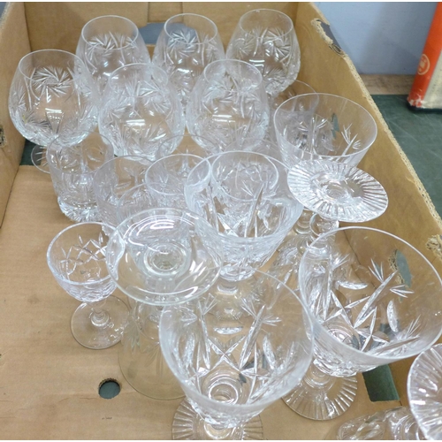 761 - Two boxes of drinking glasses including crystal goblets, brandy, cocktail, etc.