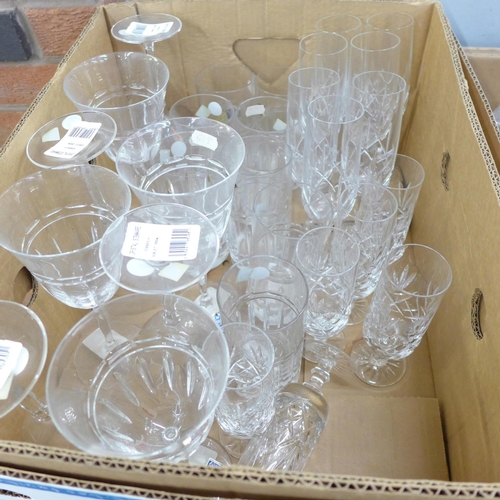 761 - Two boxes of drinking glasses including crystal goblets, brandy, cocktail, etc.