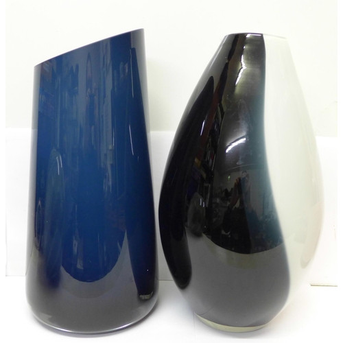 765 - Three studio glass vases, one with small chip to the rim and a glass planter