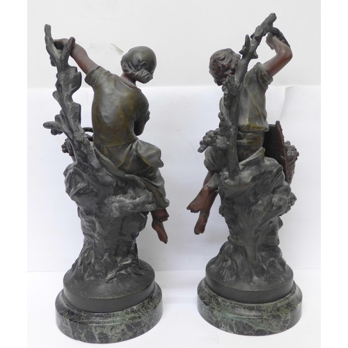 768 - A pair of spelter figures on marble bases, cherries and raisins, after Francois Moreau