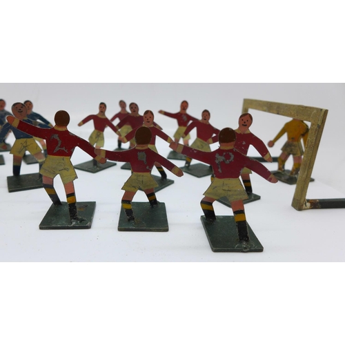 816 - Two early 20th Century 'tiddly-wink' tin plate football teams with articulated goalkeepers and two g... 