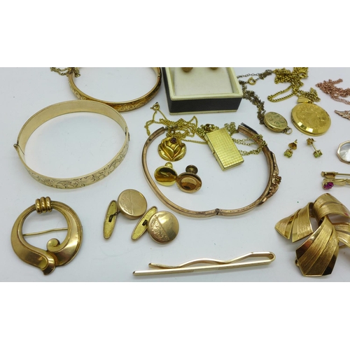 878 - Gold plated jewellery, bangles, pendants, cufflinks, brooch, etc.