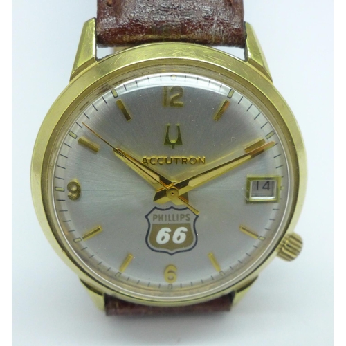 893 - A gentleman's Bulova Accutron gold plated wristwatch with inscription dated 1977, 'Phillips Petroleu... 