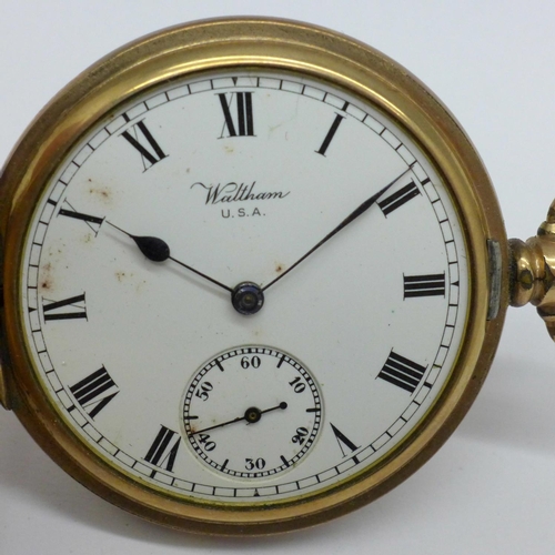 902 - A Waltham gold plated pocket watch, lacking glass