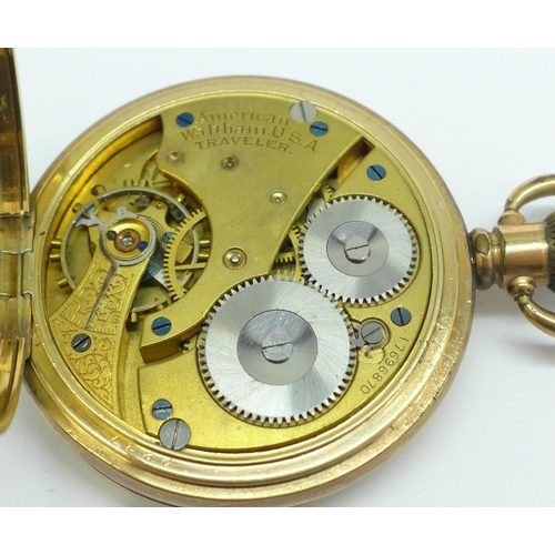 902 - A Waltham gold plated pocket watch, lacking glass