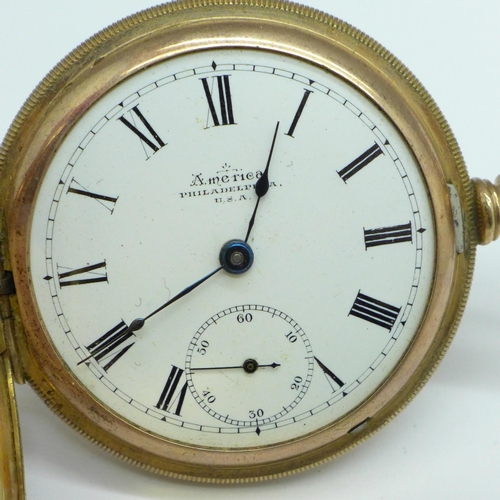 903 - An America full hunter plated pocket watch, lacking glass