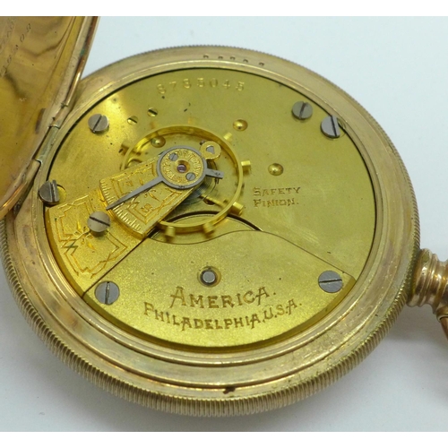 903 - An America full hunter plated pocket watch, lacking glass