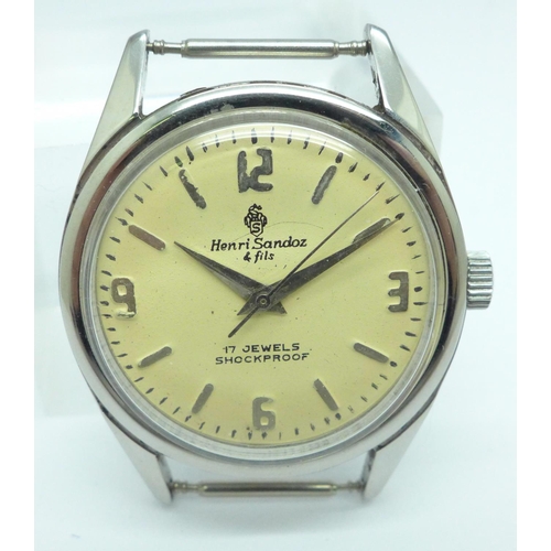 904 - A gentleman's Henri Sandoz 17 jewels stainless steel manual wind  wristwatch head