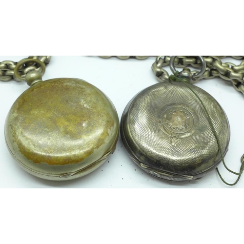 914 - Two pocket watches including one silver cased by Fattorini, a/f, and a large white metal guard chain