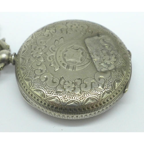 915 - A silver fob watch with engraved landscape on dial, fitted case