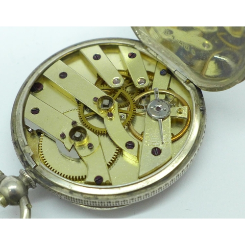 915 - A silver fob watch with engraved landscape on dial, fitted case