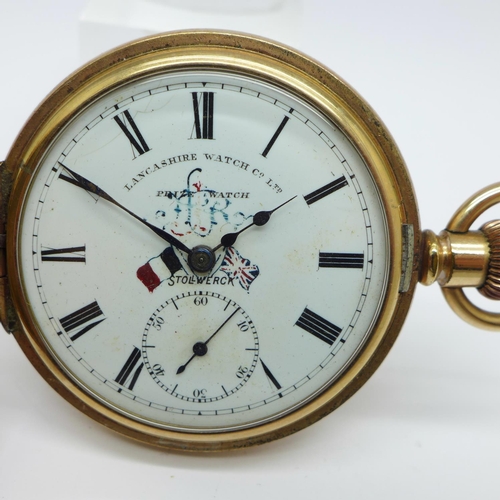 916 - A Lancashire Watch Co. Ltd., gold plated half-hunter pocket watch, Prize Watch, also marked Stollwer... 