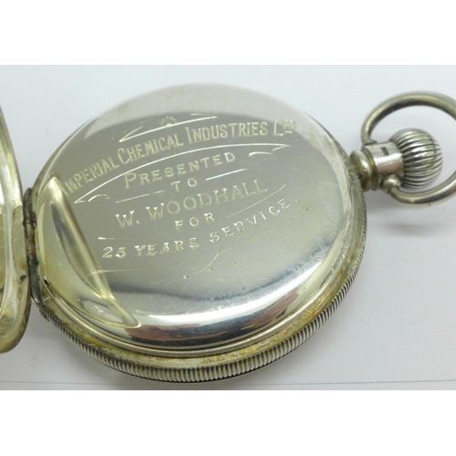 919 - A silver pocket watch, James Wadsworth, Manchester, with ICI related inscription, the case hallmarke... 