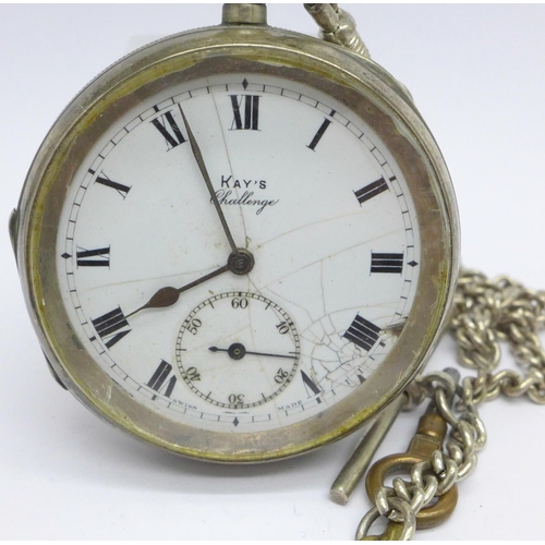 925 - A silver cased Kay's Challenge pocket watch with Albert chain, dial a/f