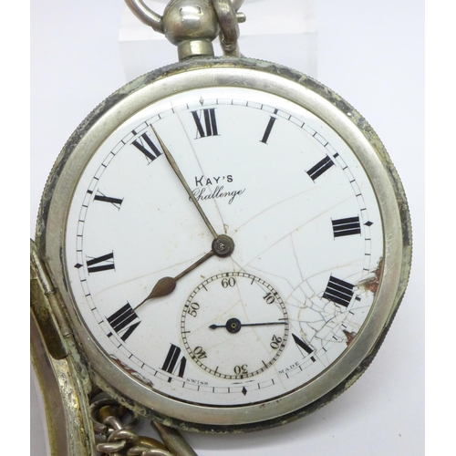 925 - A silver cased Kay's Challenge pocket watch with Albert chain, dial a/f