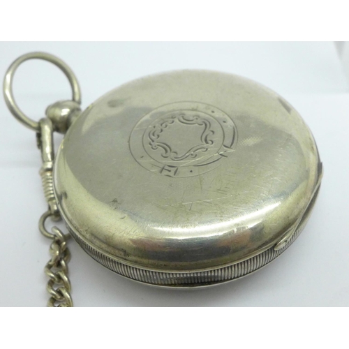 925 - A silver cased Kay's Challenge pocket watch with Albert chain, dial a/f