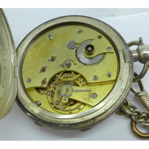 925 - A silver cased Kay's Challenge pocket watch with Albert chain, dial a/f