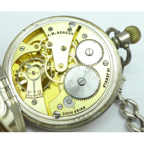 927 - A Benson silver cased pocket watch, with silver chain and fob