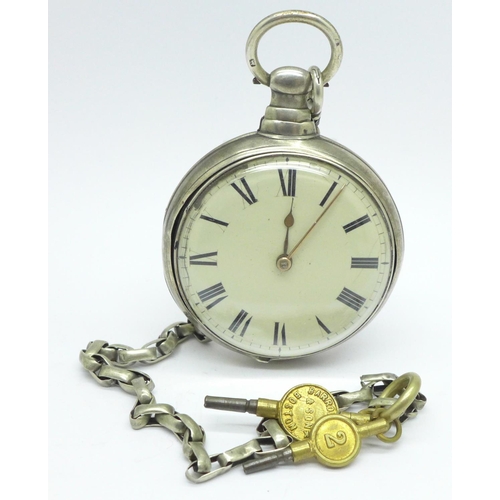 934 - A silver pair case pocket watch with fusee movement, D. Douglas, Whitehaven, with Albert and two key... 