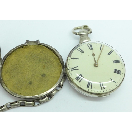 934 - A silver pair case pocket watch with fusee movement, D. Douglas, Whitehaven, with Albert and two key... 