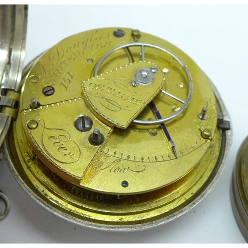 934 - A silver pair case pocket watch with fusee movement, D. Douglas, Whitehaven, with Albert and two key... 