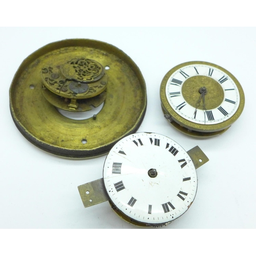 936 - Three early pocket watch movements, a/f