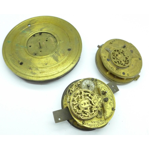 936 - Three early pocket watch movements, a/f