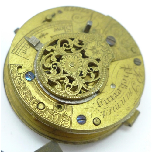 936 - Three early pocket watch movements, a/f