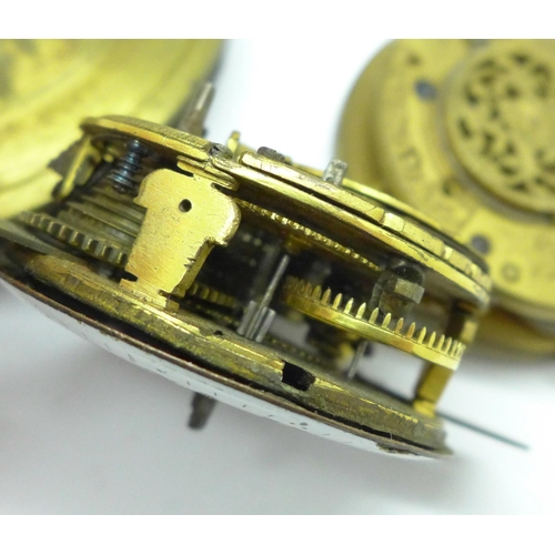 936 - Three early pocket watch movements, a/f