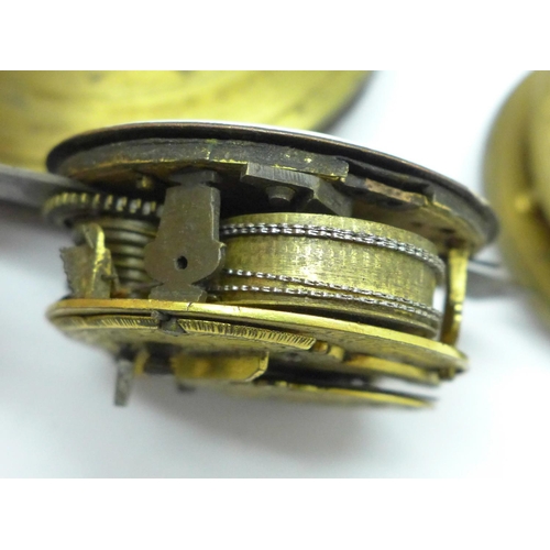 936 - Three early pocket watch movements, a/f